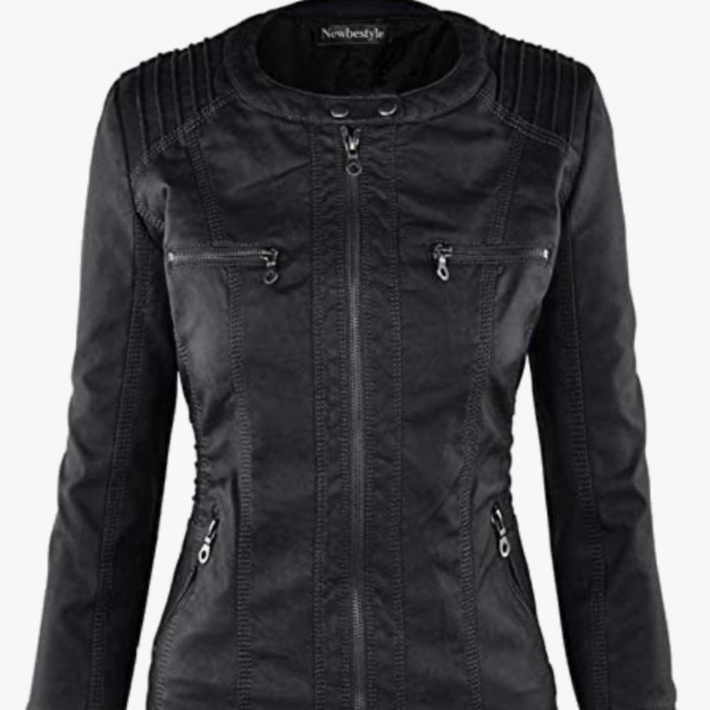 Newbestyle Women Hooded Faux Leather Zipper Motorcyle Jacket